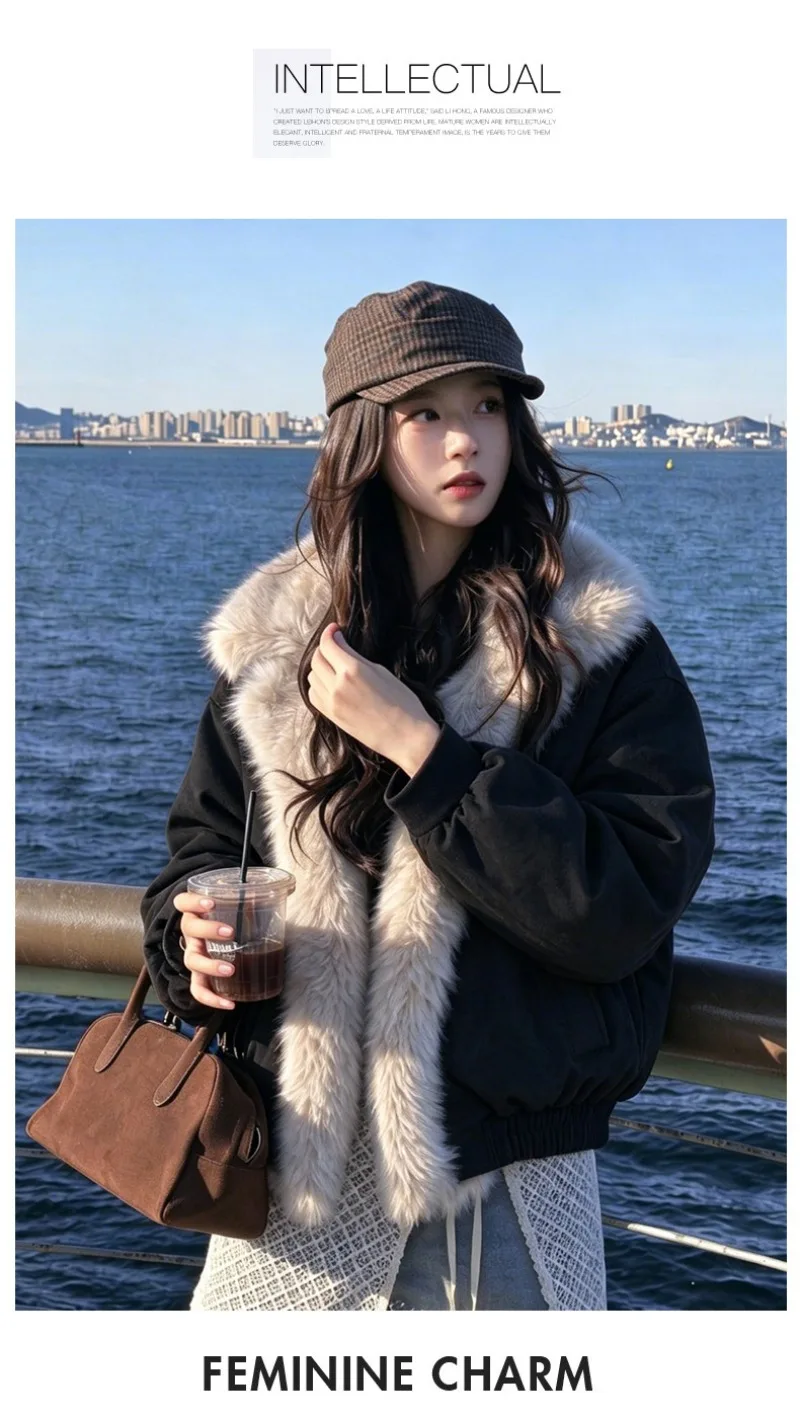 2026 Fashion Down Cotton-padded Jacket Women's Winter Coats Long Fur Collar Short Parkas Thicken Warm Streetwear Loose Outerwear