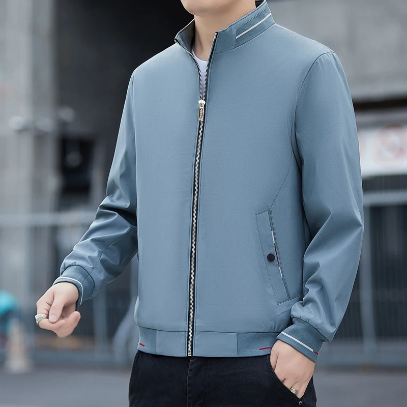 

New Men's Casual Jacket Solid Color Comfortable Zipper Fashion Windproof Jacket Portable Pocket Standing Collar Trendy Jacket