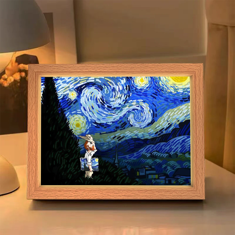 Lukisan Lampu LED Seni Van Gogh Seni Abstrak Hadiah Rumah Lampu Suasana Hati Pengisian Daya USB Dekorasi Ruangan Hadiah Lukisan Hadiah Ulang Tahun