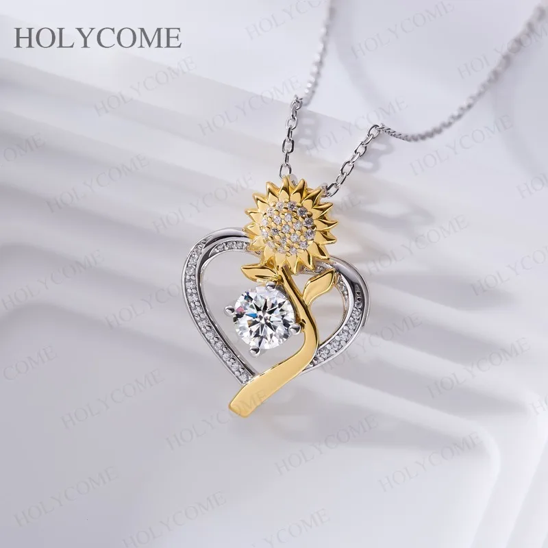 

D цвет 1CT 6,5 мм муассанит ожерелье подсолнечник в форме сердца кулон ожерелье для женщин свадебные изысканные украшения S925 позолоченные