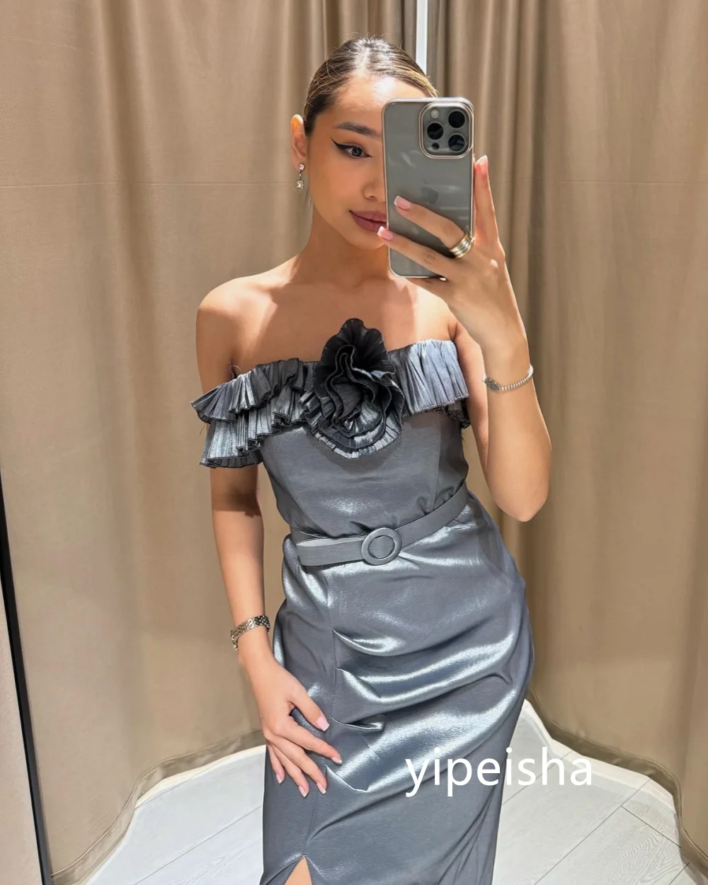 Exquisite Pleat Sash Sheath Strapless Midi Dresses Prom Dresses Modern Style Pastrol Unisex Chinese Style Formal Casual Simple