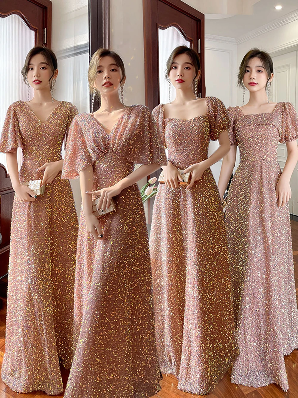 

Легкое роскошное женское платье подружки невесты цвета шампанского, элегантное облегающее платье с блестками длиной до пола, трапециевидное платье для выпускного вечера, вечерние платья для сестер