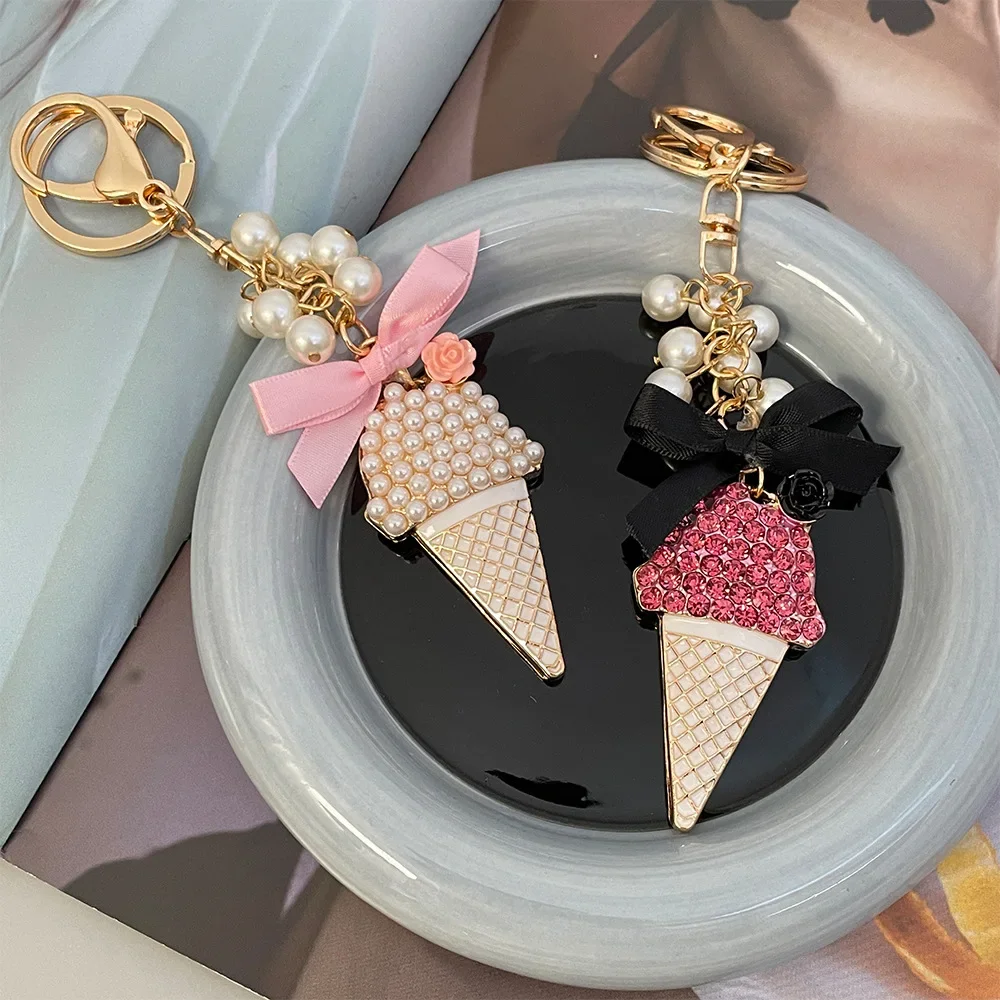 Personality Creative Popular Korean Pearl String Ice Cream Car Keychain Women's Bag Pendant Alloy Rhinestone Keyring Accessories