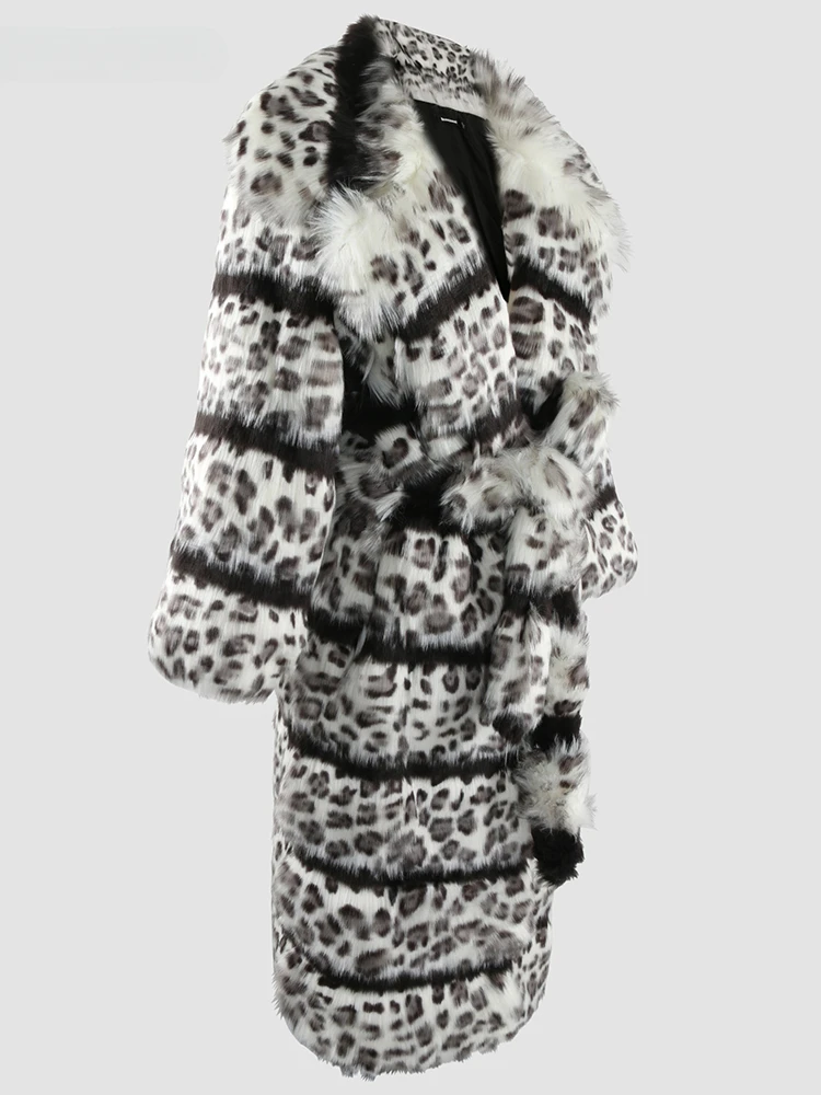 Fashion Striped Leopard Print Color Matching European Imitation Fox Fur Coat Women's Winter Plush Coat Faux Fur Coat Long