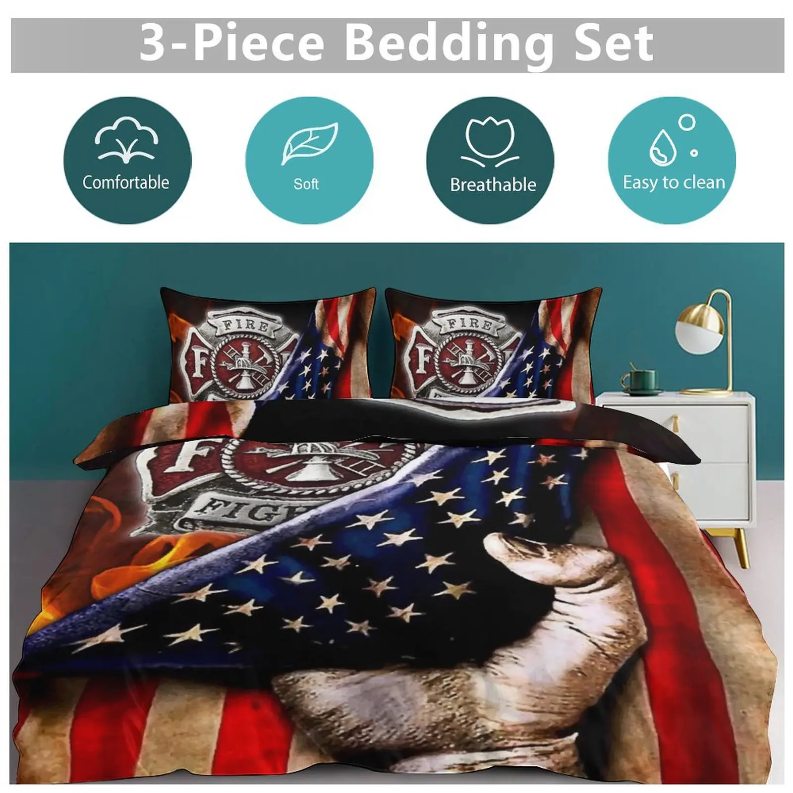 American USA Flag Fire Brigade Three Piece Bedding Set Children or Adults for Beds Quilt Covers Birthday Gifts for Women Men