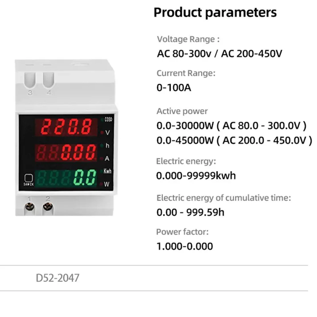 Digital Meter AC 80-300V 0-100.0A Din Rail LED Energy Voltage Volt Current Meter Voltmeter Ammeter D52-2047