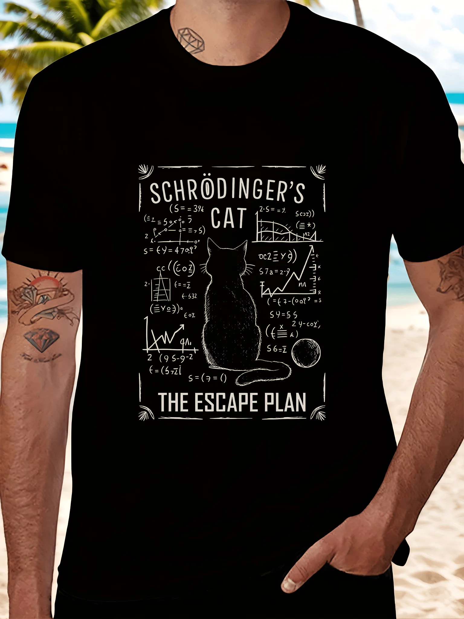 Humorous Science-Themed T-Shirt Featuring Schrödinger's Cat Designed for Men. This Black Graphic Short Sleeve Men's T-shirts