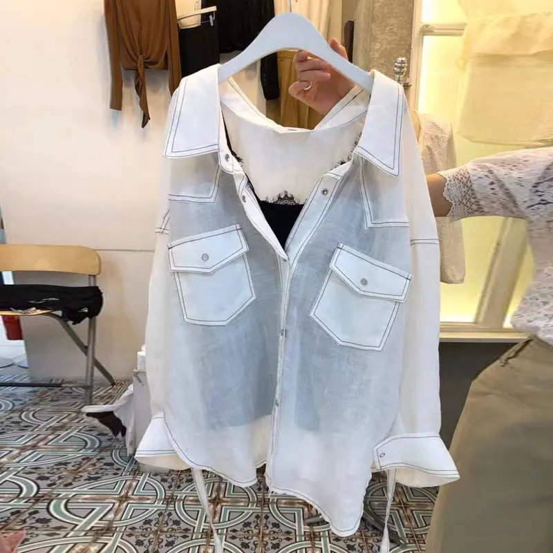 

Korean Fashion Clothing Spring Thin Sun Protection Long sleeved Loose Casual Shirt for Women+Lace Strap Tank Top Two Piece Set