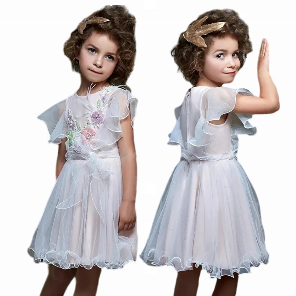 

Flower Girls Dress Simple Appliques A-line Feathers Ruffles Pageant Knee-length Ribbons Kids Birthday First Communion Gowns