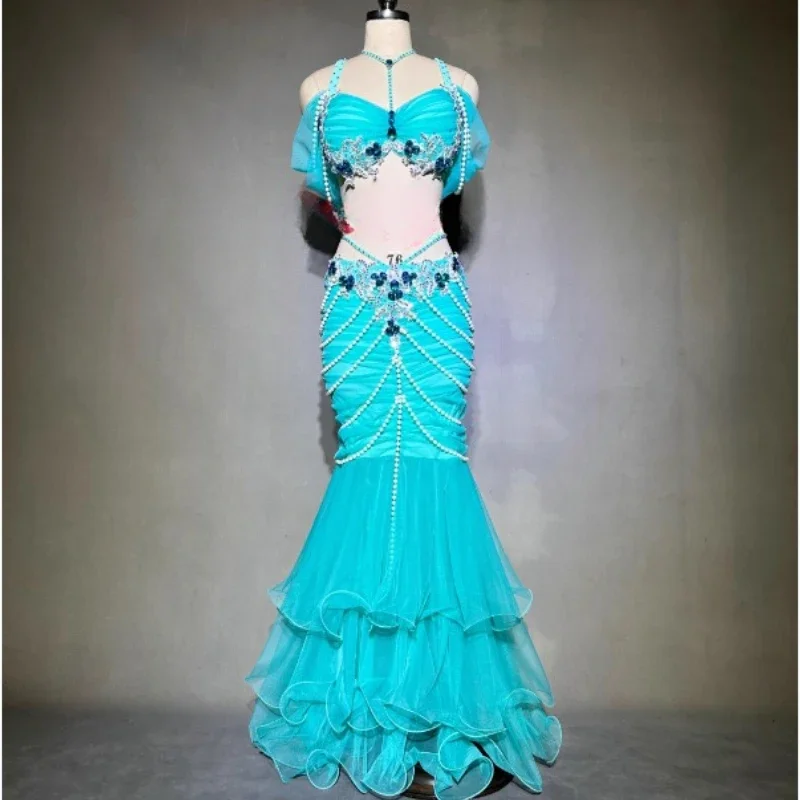 BellyDance Set Dames Aangepaste Luxe Strass Bh + Prachtige Parel Fishtail Rok 2 Stuks Oosterse Dansvoorstelling Kleding