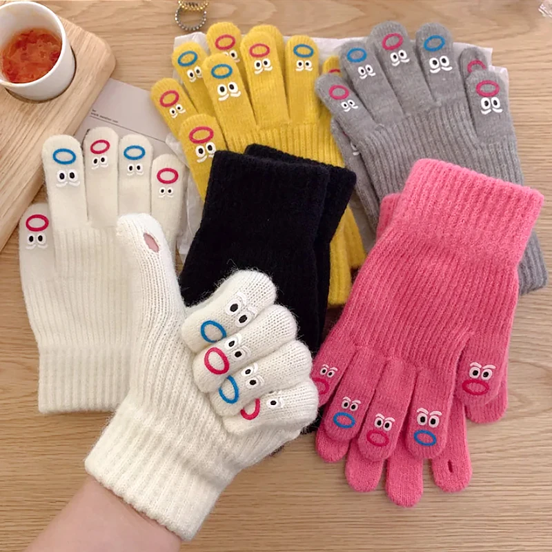 Cartoon Funny Winter Warm Touch Screen Gloves Stretch Wool Knitted Full Finger Mitten Female Soft Crochet Gloves Driving Guantes