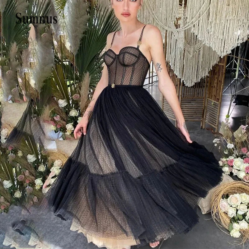 

Sumnus Black Tulle Evening Dress Spaghetti Straps Dotted Corset Back Sweetheart Prom Dresses A Line Tea Length Formal Prom Gowns