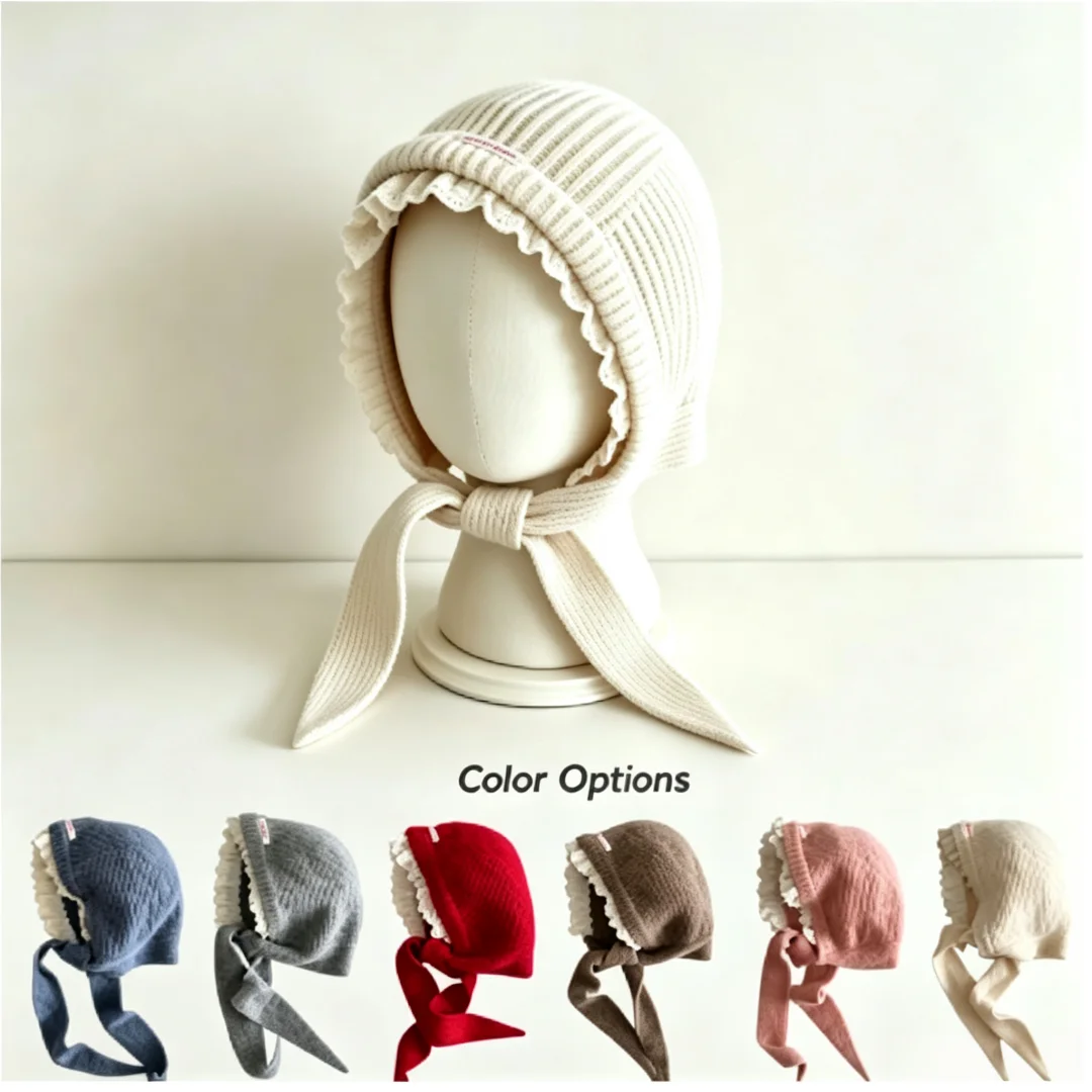 4-8Y Girls' Knitted Lace Trim Bonnet Hat Autumn Hat for the Girls Winter Outdoor Windproof Kids Earflap Beanie with Tie Straps