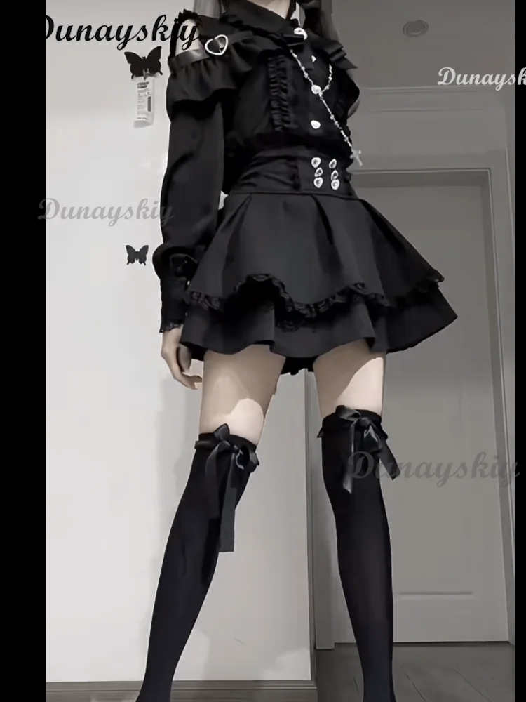 Jirai kei-Conjunto de blusa Lolita para niña, Top, camisa de manga larga para mujer, faldas negras con lazo Kawii, camisas Y2K, conjunto de estilo japonés dulce para mujer