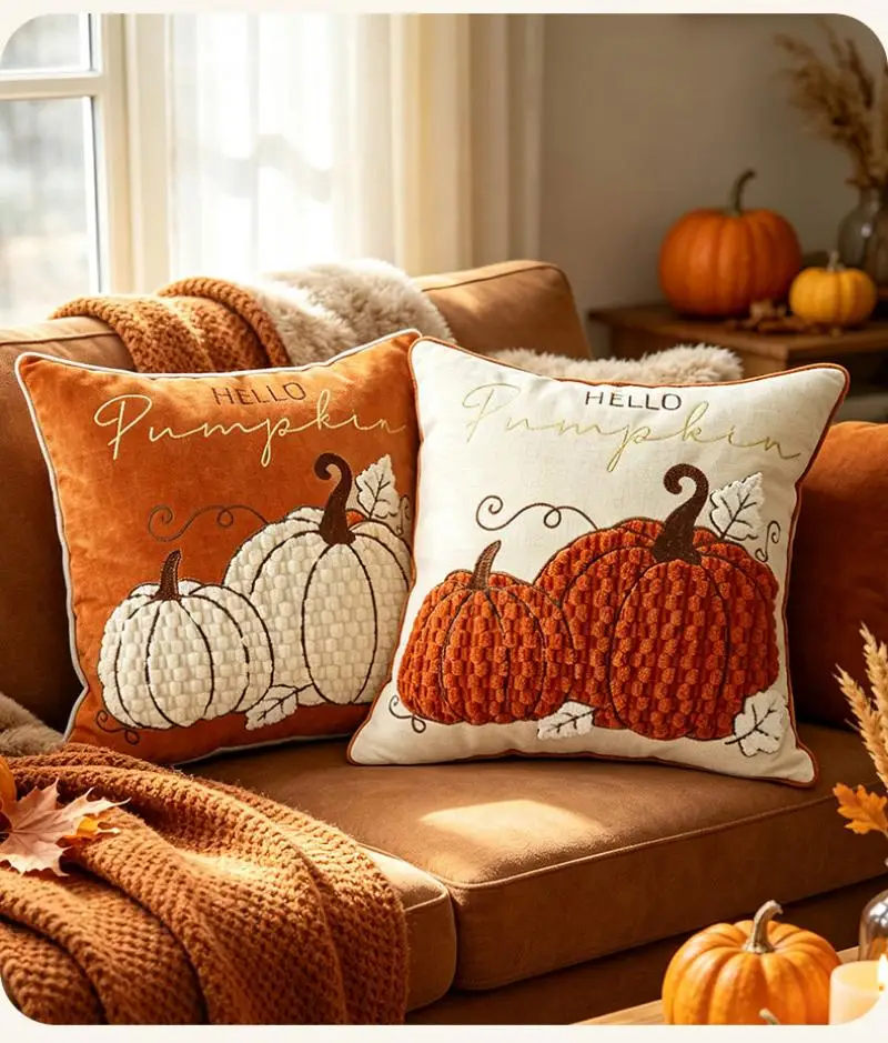 Thanksgiving Kürbis-Stickerei Kissenbezug Cojines Vintage Sofa-Kissenhülle Atmosphärische Heimdekoration Kissenbezüge – Detail 5