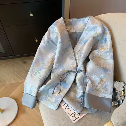 New Chinese National Style Print V-neck Single Button Jacket Women 2025 Spring Vintage Korean Casual Elegant Lady Tangsuits Tops