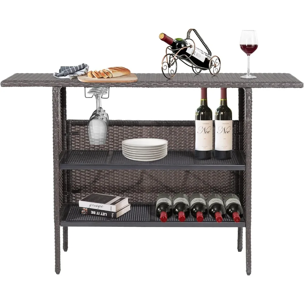 طاولة بار فناء ويكر، رفوف تخزين، سطح طاولة 55 بوصة، قضبان لتعليق كؤوس النبيذ، إطار معدني شديد التحمل، صدر
