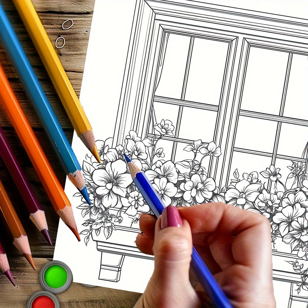 Livro para colorir de janela sonhadora de 28 páginas para redução de estresse adulto |   Livro para colorir para alívio do estresse e redução do humor dos namorados