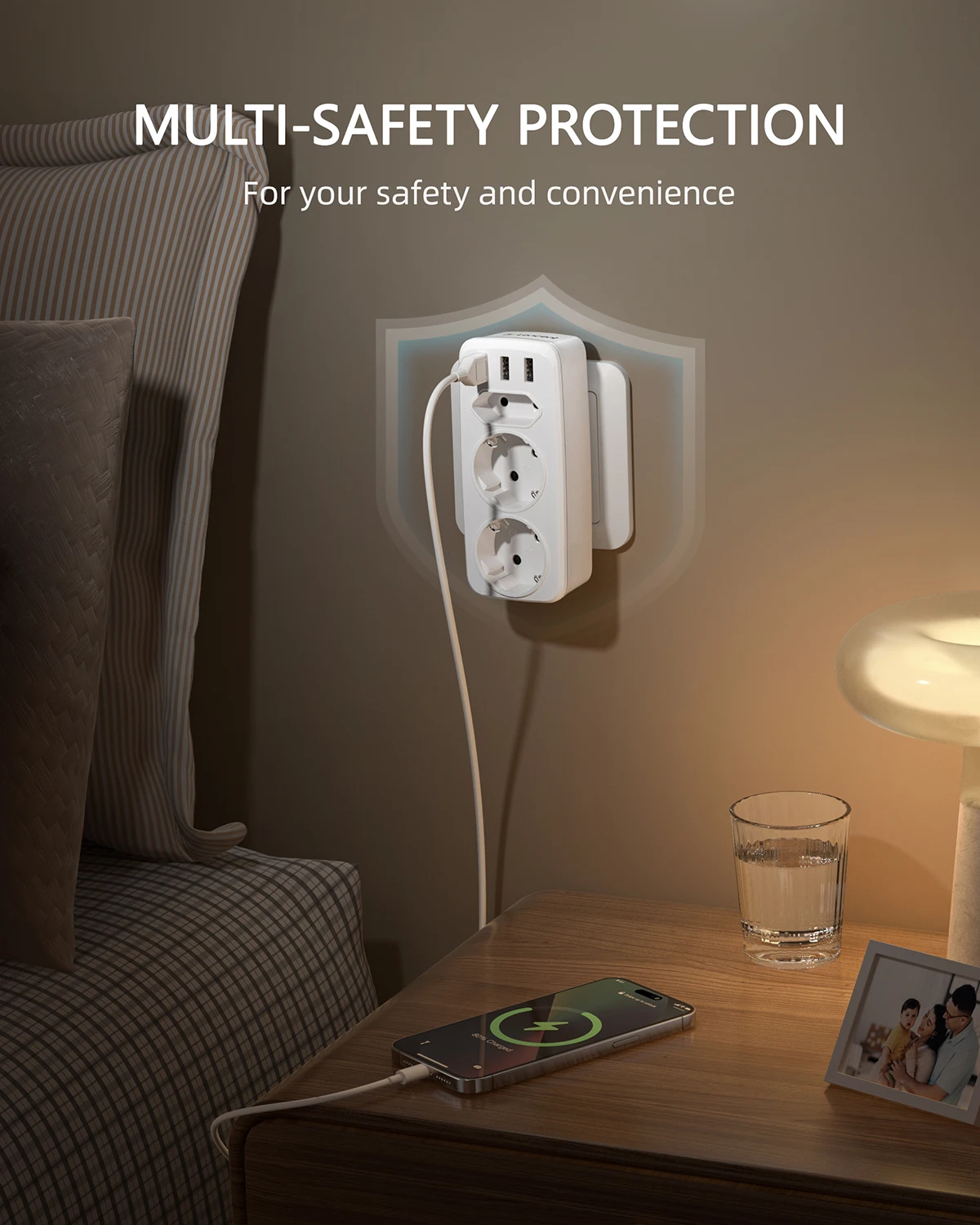 LENCENT EU Plug Multi Wall Socket Extender Power Strip with AC Outlets  USB Ports  Adapter Overload Protection for Home/Office