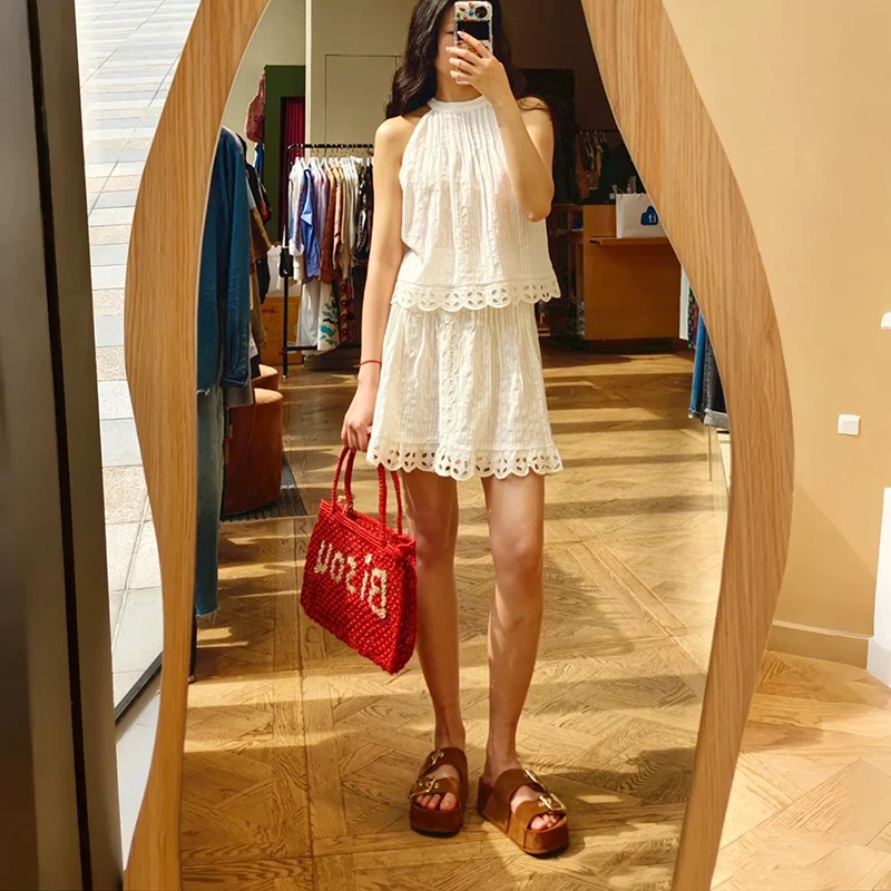 

White round Neck Sleeveless Top And Short Skirt Set for Women Summer 2025 Cotton Blend Fashionable Ensemble Hanging Neck