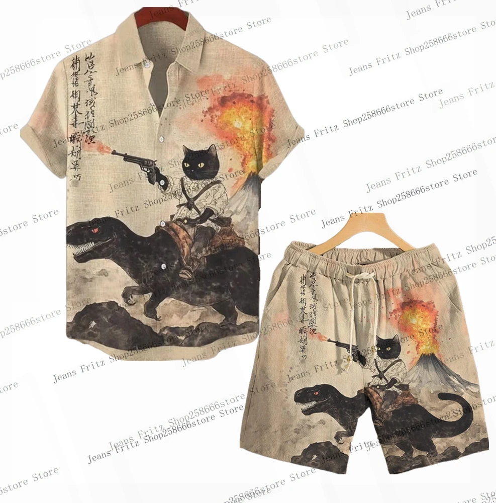 Men's Cat Graphics Shirts Short Sleeve Shirt For Summer 3D Printing Oversized 2Pcs Sets Casual Hawaiian Shirts +Shorts