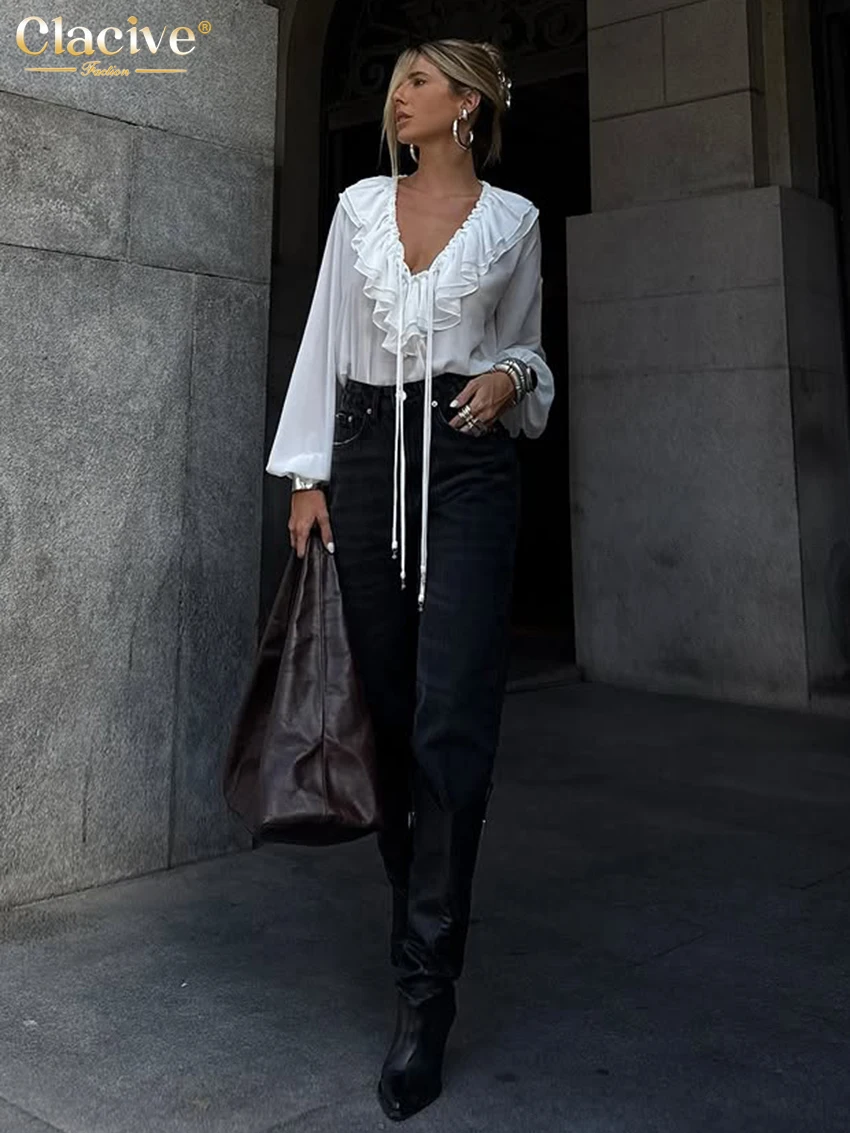 Clacive Fashion Loose White Women's Shirt 2025 Sexy V-Neck Long Sleeve Shirts Elegant Classic Ruffle Solid Top Female Clothing