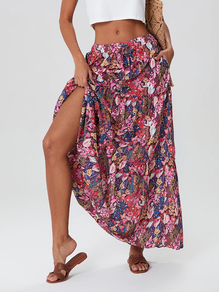 

New Womens Bohemian Skirts Vintage Elastic High Waist A-Line Skirts Tiered Long Skirts With Pockets Hot Sale S-XL