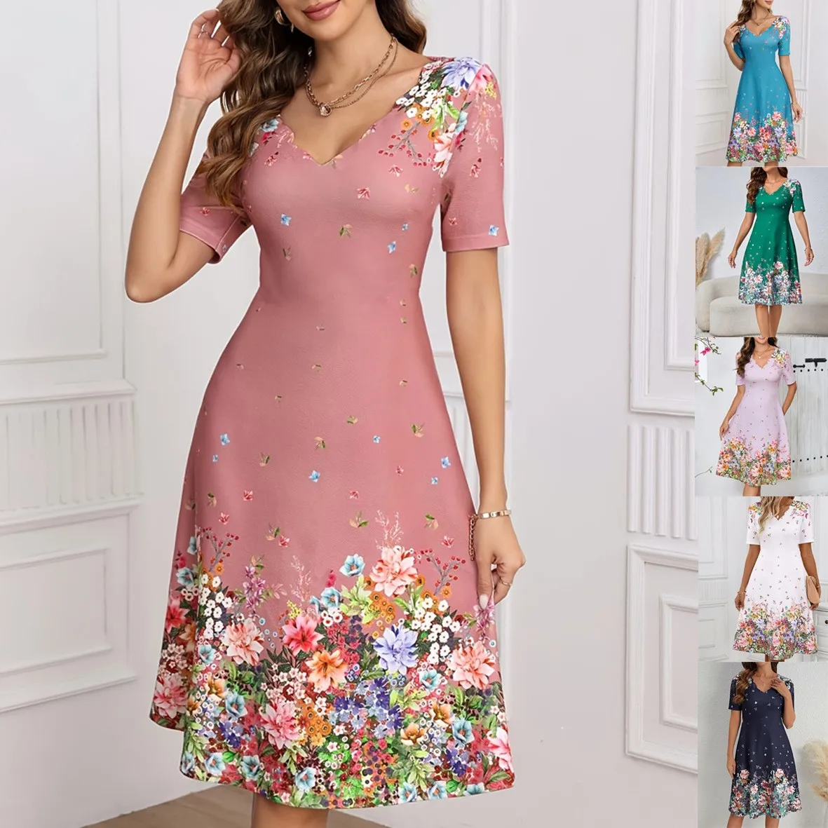 Elegantes Damenkleid mit Blumenmuster, V-Ausschnitt, kurzen Ärmeln, hoher Taille, A-Linie, Sommerkleid, buntes, florales, rosafarbenes Kleid