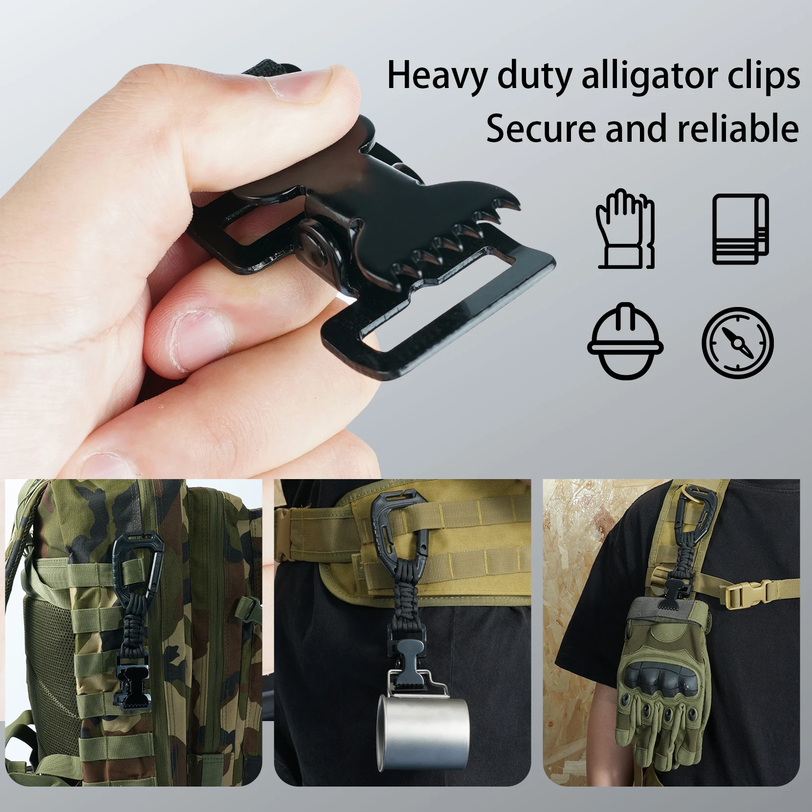 Glove Clips with Plastic Carabiner and Paracord, Metal Clips for Heavy Duty Gloves, with Key Ring for Tactical Backpack