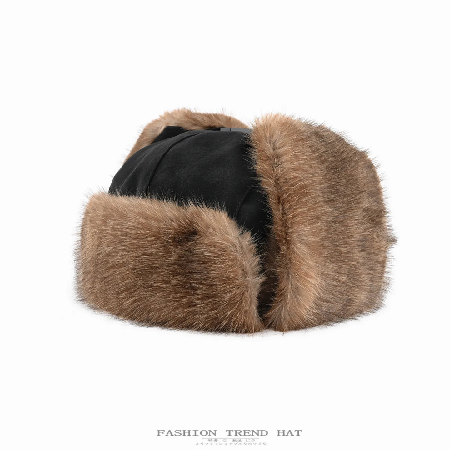 Mens Faux Leather Trapper Hat Cross Lace Decor Thick Faux Mink Fur Lined Ear Flap Hat Winter Windproof Trooper Hat