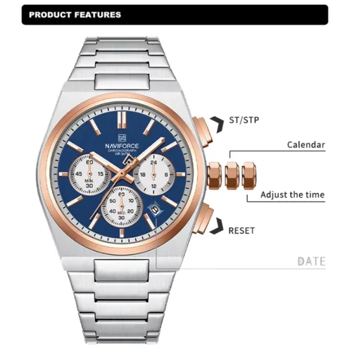 Imagen 2 del producto Marca superior NAVIFORCE, reloj cronógrafo de cuarzo para hombres y mujeres, banda de acero inoxidable, elegante indicador de fecha de 24 horas, relojes de pulsera para parejas 2024