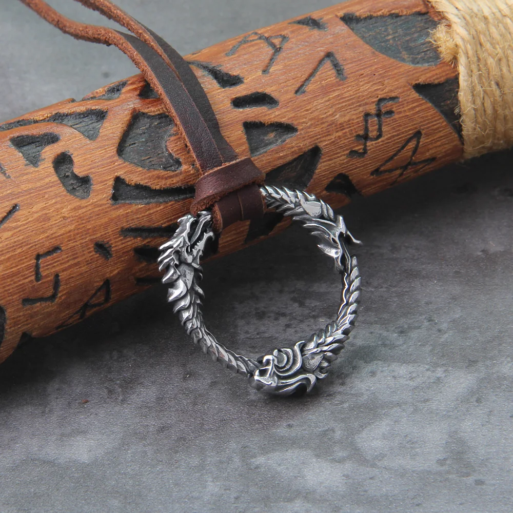 Stainless Steel Goth Infinity Ouroboros Norse Dragon Necklace Pendant Gothic Accessories Amulet Viking Runes Jewelry with box