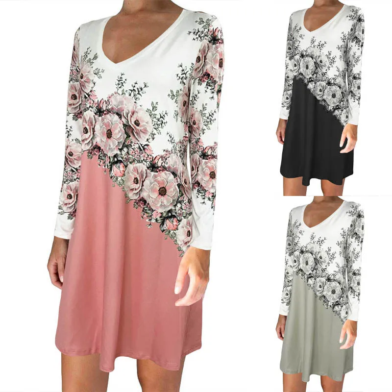 Autumn and Winter Flower Print Color-blocking Dress Fashionable and Elegant V-neck Long-sleeved Dress for Women