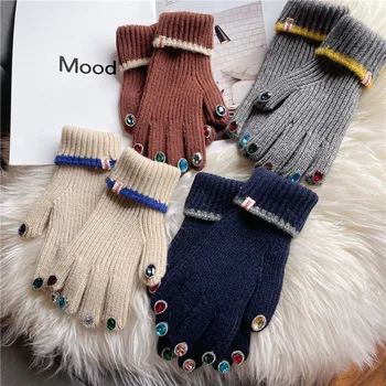 Women Winter Warm Knitted Full Finger Gloves Solid Wool Luxury Rhinestone Girl Fashion Touch Screen Mittens Female Drving