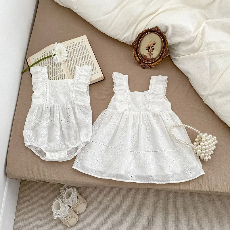 

INS Summer Baby Girl Clothes Solid Color Lace Floral Romper Cotton Bodysuit Sister Match Dress One-Pieces Outfit Toddler Sunsuit