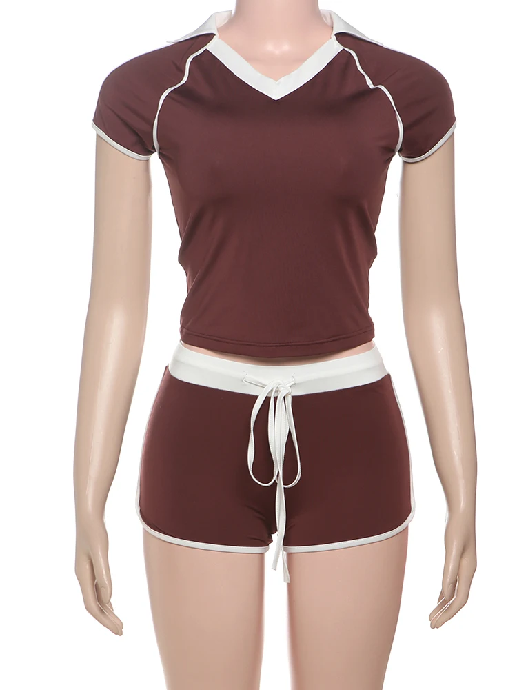 Insglas casual esportivo feminino, conjunto de 2 peças, conjunto de treino de gola polo com cintura larga, ajuste de roupas de rua
