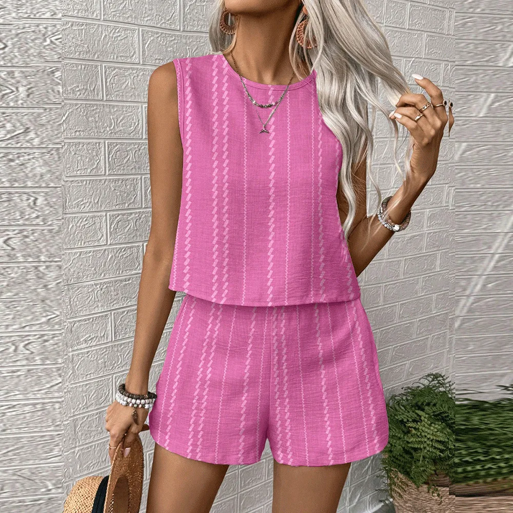 

Women's Two-Piece Set 2026 Summer New European and American Women's Casual Striped Sleeveless Fashion Top Shorts 2-Piece Set