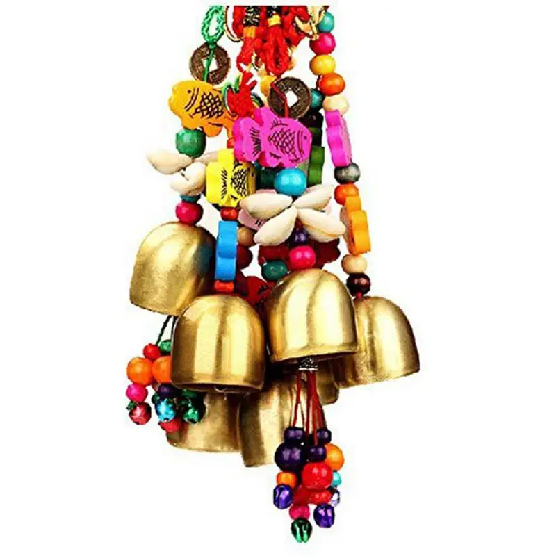 1Pc Ethnic Wind Bronze Bell Wood Fish Pendant Creative Handmade Wind Chime Home Garden Rooms Windows Outdoor Living Decoration