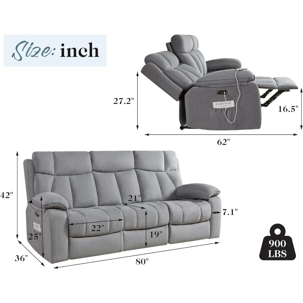 Home Theater Seating Seats, Power Reclining Sofa with USB Charging Port and One-Touch Lock- Sofa, 3 Seater Recliner Sofa, Grey