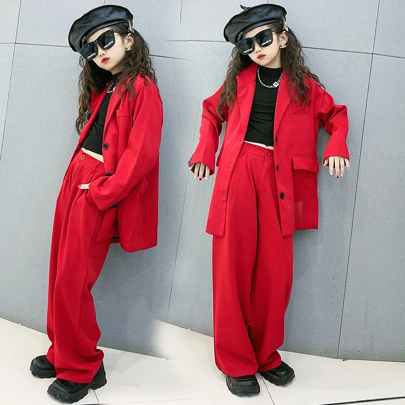 Youth Girls Sets Fashion Hip-hop Dance Outfits for Kids Clothes Loose Blazer Suit Pants 2 Piece Casual Children Costumes 12 13 Y