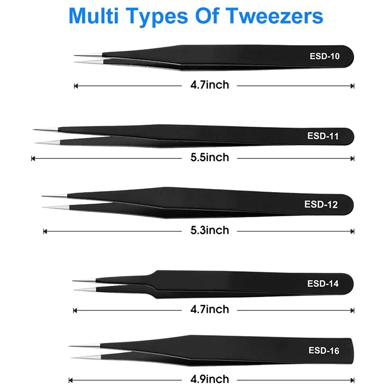 مجموعة ملاقط دقيقة مكونة من 10 قطع، مجموعة ملاقط يدوية ممتازة، ملاقط ESD إلكترونية من الفولاذ المقاوم للصدأ، ملاقط مضادة للكهرباء الساكنة
