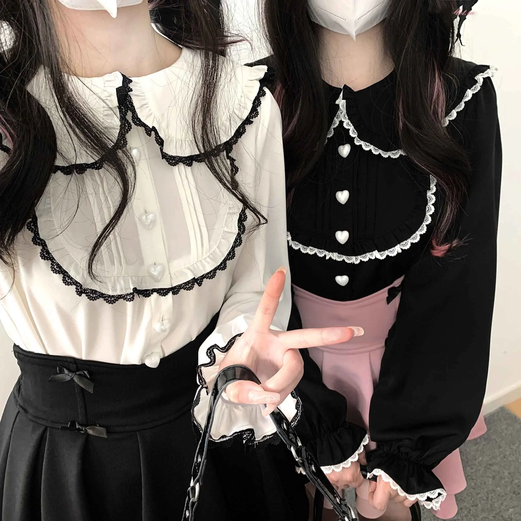 اليابانية Kawaii القوطية لوليتا بلوزة المراهقين الربيع خمر القلب زر لطيف القمصان آذان الأرنب طويلة الأكمام الصغار متأنق القمم