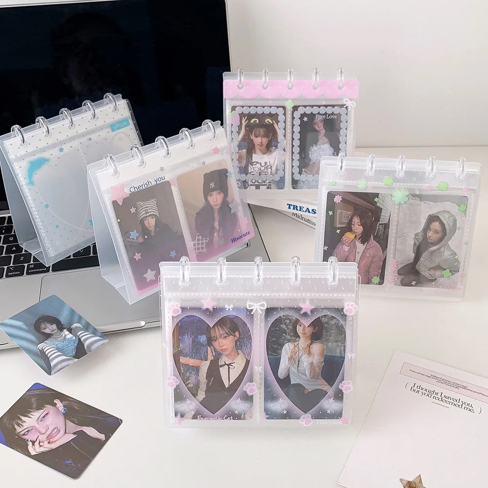 Cute 2 Grid Mushroom Hole 3 Inch Photocard Desk Calendar Album Kpop Idol Photocard Display Stand Desktop Polaroid Photo Frame