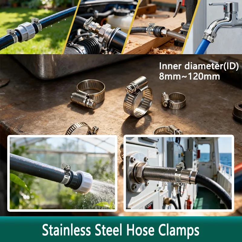 Stainless Steel Hose Clamps Dia 8mm ~ 120mm 5/10/20P Adjustable Tri Gear Worm Fuel Tube Water Pipe  Fixed Clip Spring Cramps