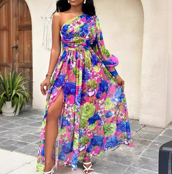 Women Elegant 2024 Spring Summer Latest Dress Diagonal Collar Fashionable Off Shoulder Long Lantern Sleeve Print Maxi Long Skirt