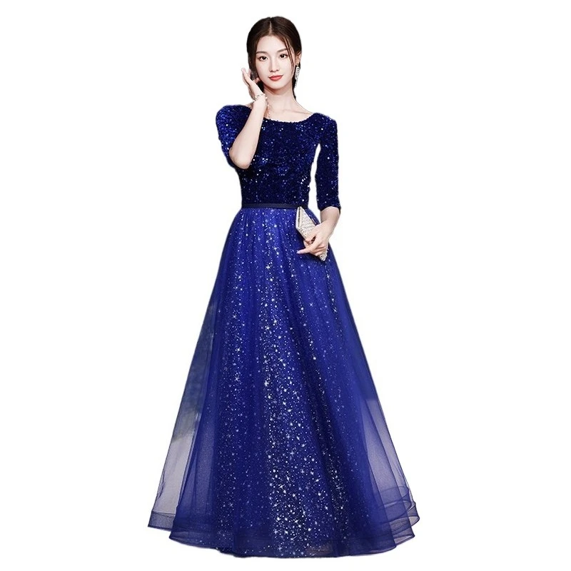 

Elegant Shining Round Neck Back Lace Up Long Formal Evening Party Dress With Half Sleeves