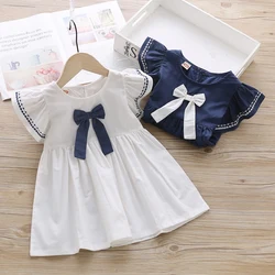 2024 Summer 1 2 3 4 5 6 Years Toddler Girls Dresss Cotton Sweet Elegant Bow Fly Sleeve Dress Kids Clothing Princess Dress