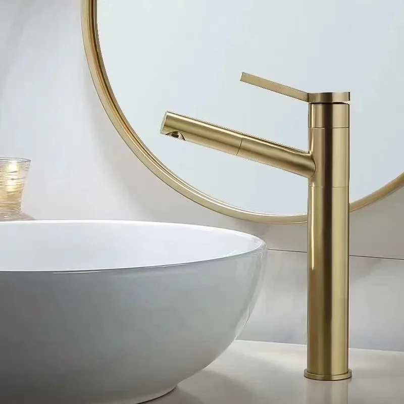 Full copper pull-out hot and cold water faucet brushed gold color pedestal basin sink swivel bathroom retractable