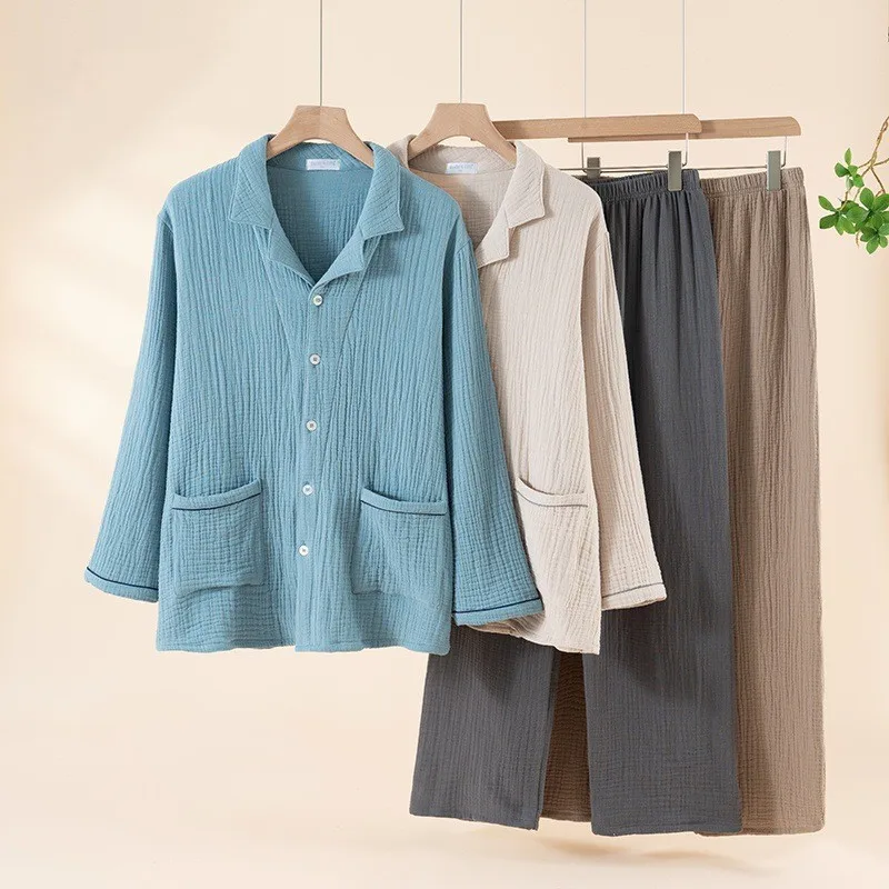 Spring Autumn Men Crepe Pajama Sets Male Cotton Sleepwear Suit Plus Size Pajama Sets Long Sleeve Turn-down Collar Shirt & Pants