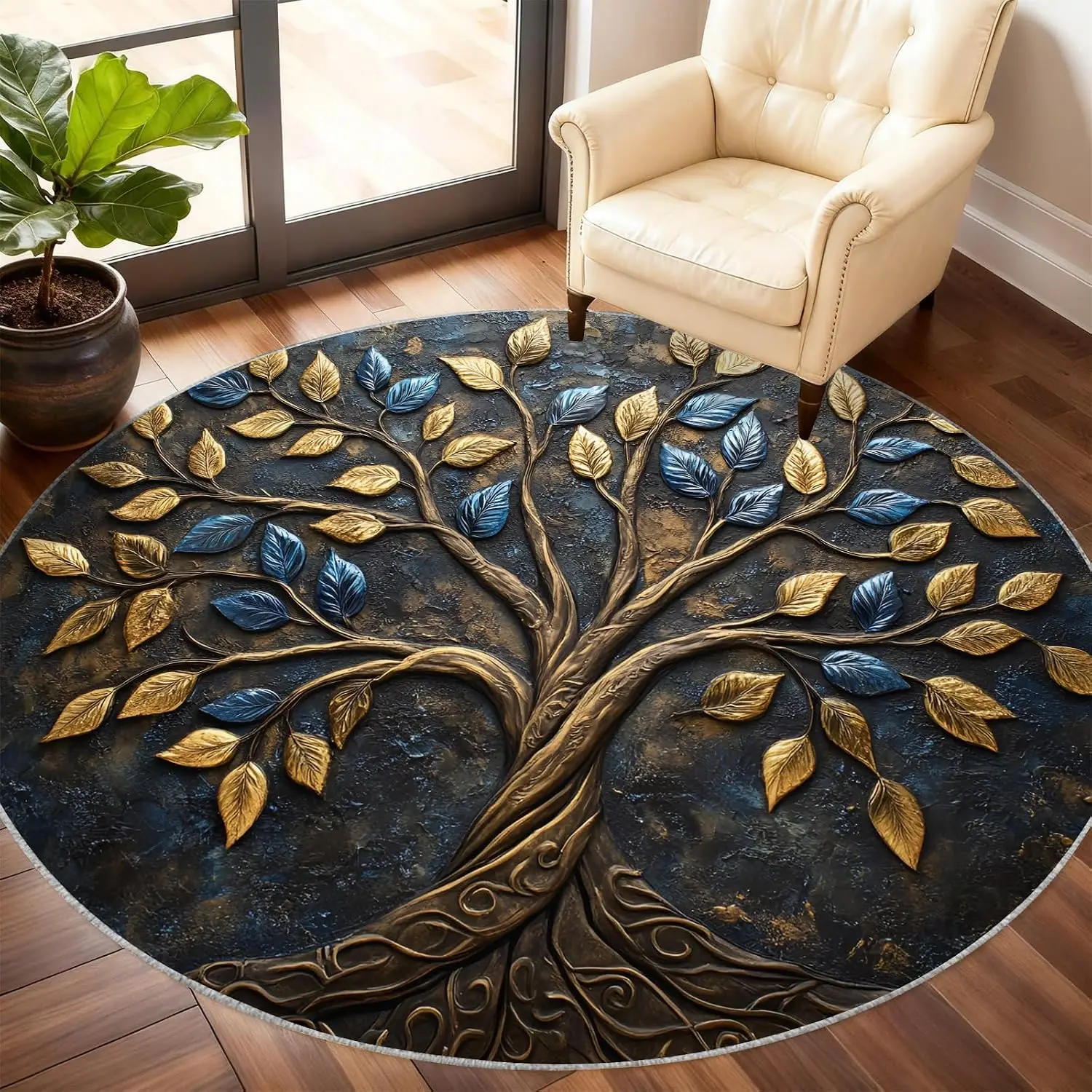 Large Circular Tree of Life Rug for Boho Chic Living Room Area Mat Decorative Indoor Floor Carpet Rustic Luxury Decor
